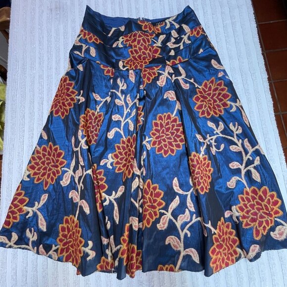 Robert Rodriguez Women's Size 6 Pleated Midi Skirt Blue Textured Floral A-Line - Picture 1 of 7